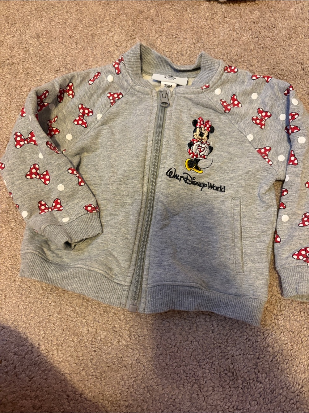 Disney Gray Minnie Mouse Zip-Up Hoodie with Red Polka Dot Bows
